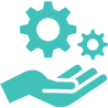 An open hand holds two interlocking gears, symbolizing support services and mechanics, against a plain background.