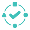 Cyan icon of a checkmark inside a circle, surrounded by a square, triangle, and hexagon, representing completion or validation—symbolizing the harmony and efficiency of Support Coordination Services.