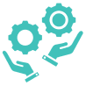 Two light blue hands holding gear icons, symbolizing collaboration and teamwork, embody the essence of Support Services.