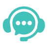 Turquoise icon of a headset with a microphone, encircling a speech bubble with three dots inside, symbolizing support coordination services on a white background.