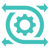 A turquoise icon of a gear with arrows circling around it, suggesting a concept of continuous process or integration, mirrors the essence of Support Coordination Services, where seamless connectivity and ongoing assistance ensure clarity and progress.