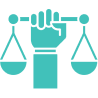 A turquoise icon of a hand holding a balance scale symbolizes justice and equality, reflecting the essence of Support Coordination Services.