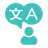 Icon of a person with two speech bubbles above, each highlighting different languages. This image symbolizes translation, multilingual communication, and the integration of support coordination services to foster understanding across diverse communities.